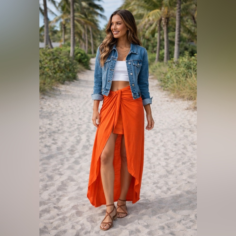Free People Orange High-Low Wrap Skirt